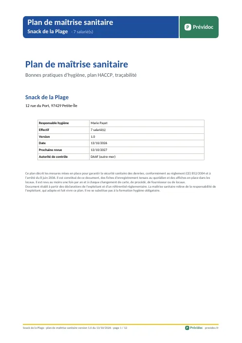 Plan de maîtrise sanitaire