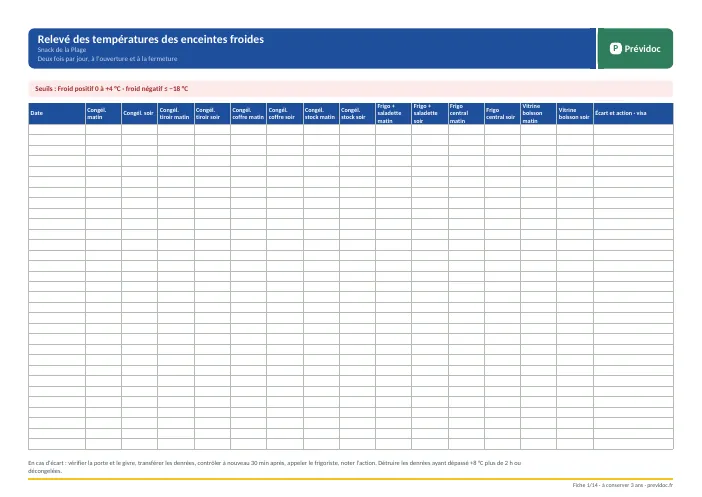 Fiche de relevé des températures