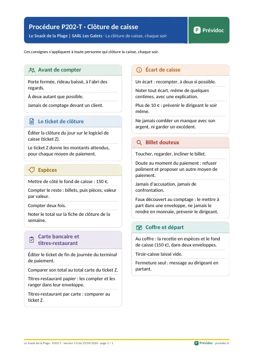 Procédure affichée : clôture de caisse