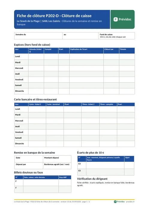 Fiche de clôture P202-D : une ligne par jour, la remise en banque et la vérification